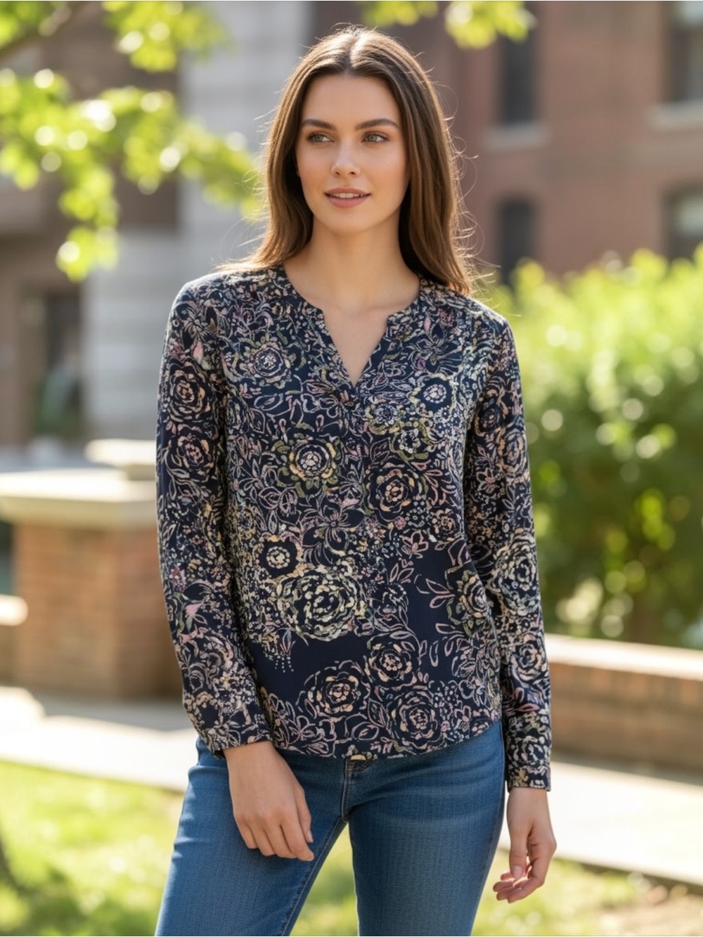 Zac & Rachel Petite Floral Split Neck Roll Tab Sleeve Back Pleat Tunic Top Sz PM